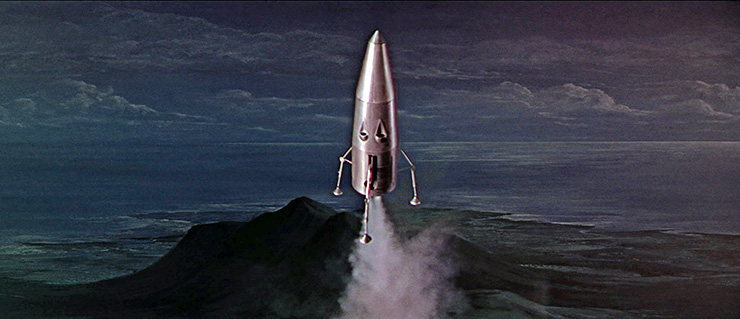 Cliff Culley’s matte painting with model spacecraft descending into the volcano crater