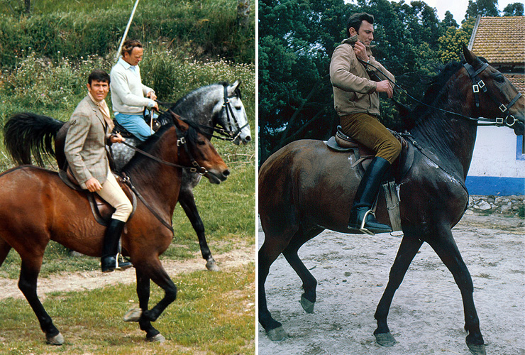 George Lazenby with stuntman Richard 'Dickie' Graydon (1922-2014) on location in Portugal during the filming of On Her Majesty's Secret Service (1969)