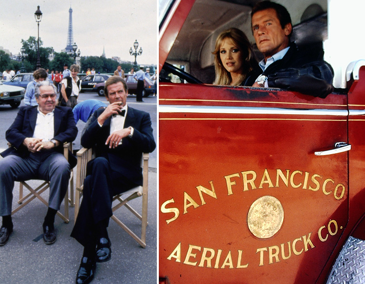 Roger Moore with Albert R. 'Cubby' Broccoli in Paris and with Tanya Roberts in San Fransisco