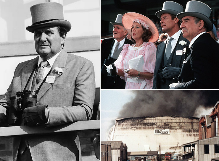 Patrick Macnee, Desmond Llewelyn, Lois Maxwell, Roger Moore and Robert Brown | 007 Stage fire June 27, 1984