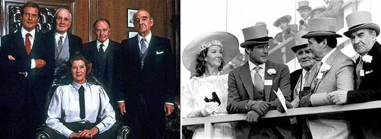 Roger Moore, Desmond Llewelyn, Lois Maxwell, Geoffrey Keen and Robert Brown | Patrick Macnee as Sir Godfrey Tibbett
