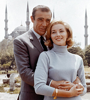 Sean Connery and Daniela Bianchi  posing in front of the Hagia Sophia in 1963.