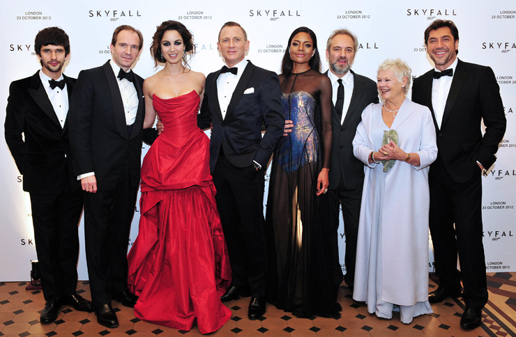 (L-R) Ben Whishaw, Ralph Fiennes, Brnice Lim Marlohe, Daniel Craig, Naomie Harris, Director Sam Mendes, Judi Dench and Javier Bardem at the Skyfall London Premiere at Royal Albert Hall.
