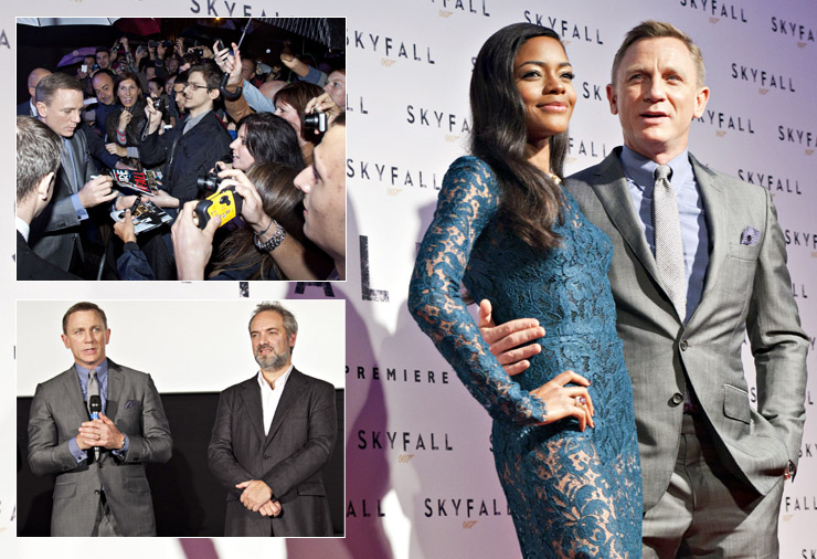 Daniel Craig is joined on stage by director Sam Mendes and (main picture) poses with co-star Naomie Harris (Eve in Skyfall) before the screening of the film.