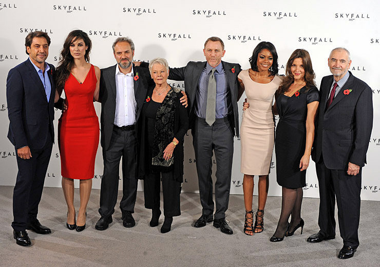 (L-R) Javier Bardem, Brnice Marlohe, Director Sam Mendes, Dame Judi Dench ('M'), Daniel Craig (James Bond), Naomie Harris and co-producers Barbara Broccoli & Michael G Wilson at the SkyFall press conference at the Corinthia Hotel.