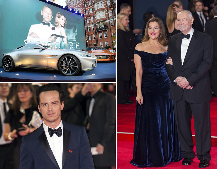 Bond's Aston Martin DB10 and Hinx's Jaguar C-X75 on display outside The Royal Albert Hall