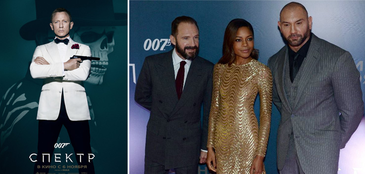 Ralph Fiennes (M), Naomie Harris (Moneypenny) and Dave Bautista (Mr. Hinx) attend the Moscow premiere of SPECTRE
