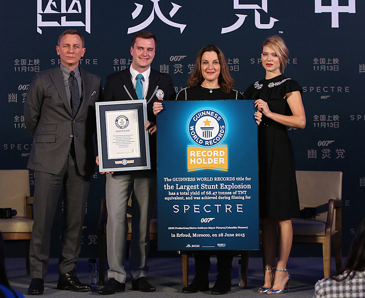 Daniel Craig, La Seydoux and co-producer Barbara Broccoli presented with the Guinness World Record title for the Largest Film Stunt Explosion at a ceremony in Beijing ahead of the premiere of SPECTRE in China.