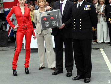 Tuuli Shipster, Lucy Fleming and Sebastian Faulks on board HMS Exeter