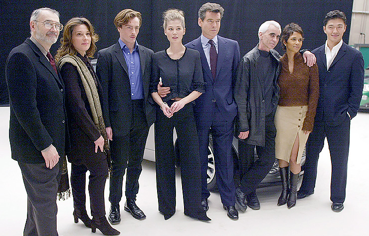 Co-producers Michael G. Wilson and Barbara Broccoli, Toby Stephens (Sir Gustav Graves), Rosamund Pike (Miranda Frost), Pierce Brosnan (James Bond), director Lee Tamahori, Halle Berry (Jinx) and Rick Yune (Zao) at Pinewood Studios on March 12, 2002 when the title of the 20th James Bond film was announced as Die Another Day.