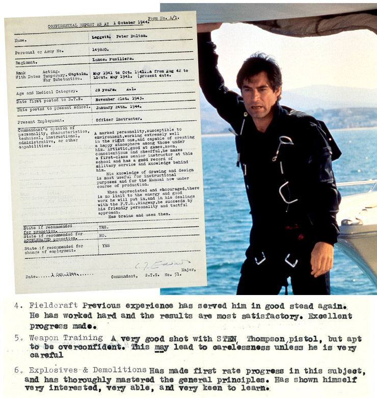 Timothy Dalton in The Living Daylightsl (1987)/Captain Peter Leggett military report 1944