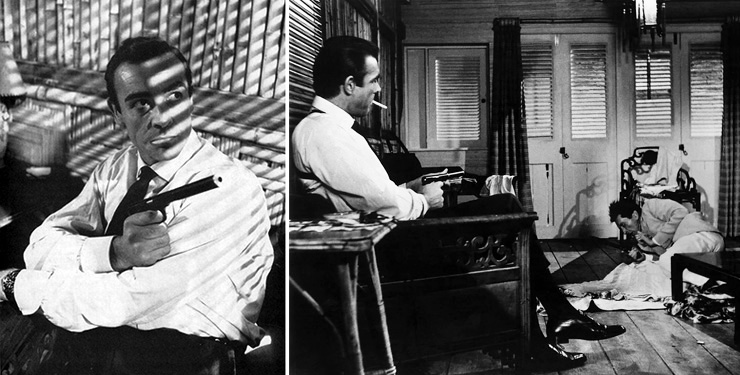 James Bond (Sean Connery) shoots Professor Dent (Anthony Dawson) Dr. No (1962)