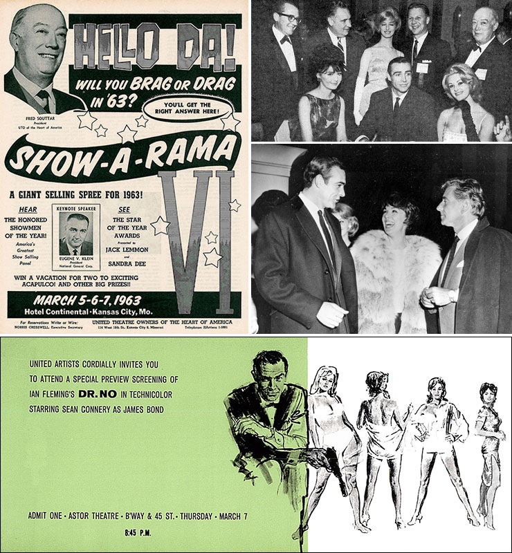 SHOW-A-RAMA 1963 Kansas City | Sean Connery at the SHOW-A-RAMA exhibitors convention with the James Bond Girls | Sean Connery with American actress Phyllis Newman (1933-2019) and conductor Leonard Bernstein (1918-1990) at the preview screening of Dr. No at the Astor Theatre, Broadway on Thursday March 7th, 1963.