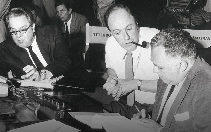 Screenwriter Roald Dahl with Albert R. Broccoli and Harry Saltzman