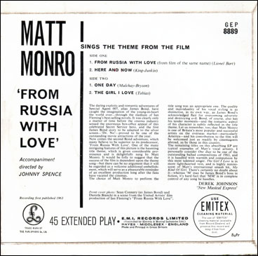 ‘From Russia With Love’ Matt Monro 45rpm EP back sleeve