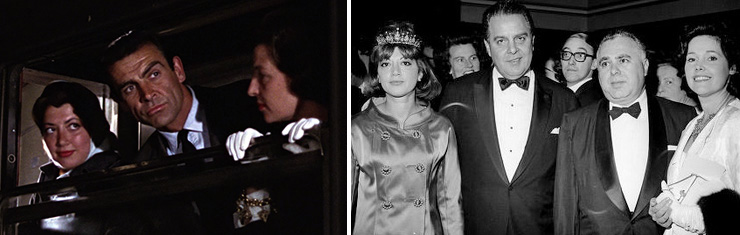 Jacqueline Saltzman's cameo appearance on The Orient Express in From Russia With Love (1963) and at the Goldfinger World premiere in 1964