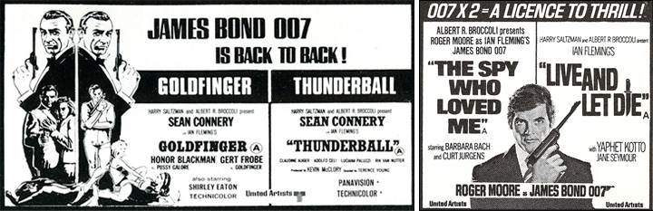 Goldfinger/Thunderball & The Spy Who Loved Me/Live And Let Die double bill newspaper adverts