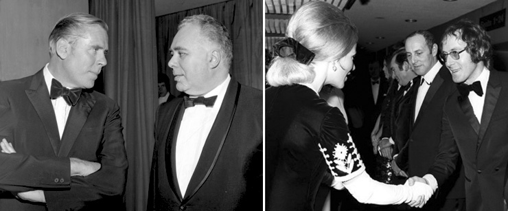 Thunderball producer Kevin McClory with On Her Majesty's Secret Service co-producer Harry Saltzman | composer John Barry is presented to HRH The Duchess of Kent at the premiere of On Her Majesty' Secret Service. To his left are associate producer Stanley Sopel and director Peter Hunt.