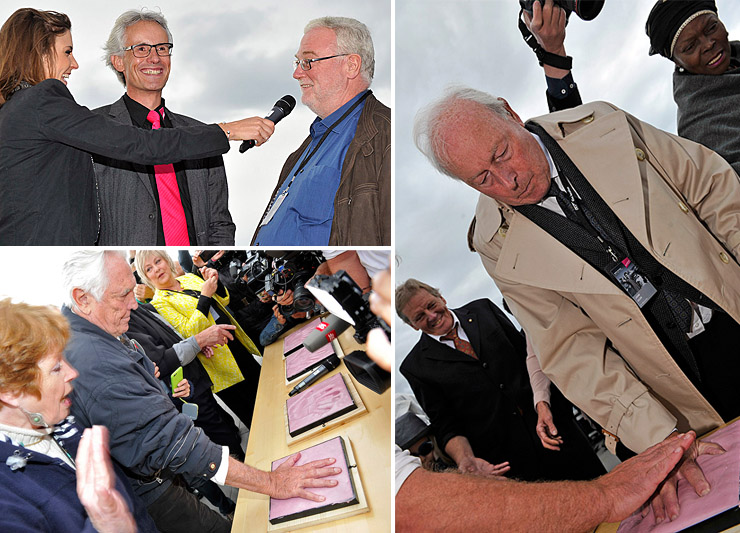 Catherina von Schell, George Lazenby, Jenny Hanley and John Glen create their handprints for press photographers.