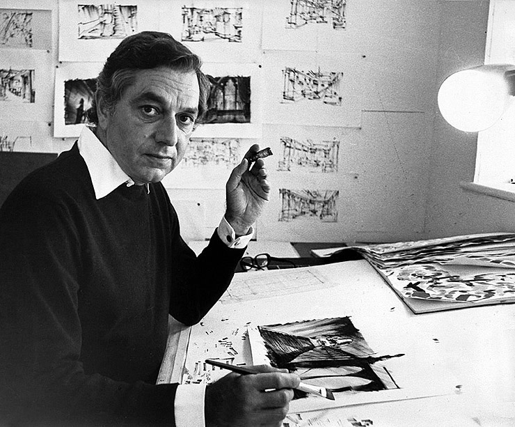 Ken Adam photographed at his studio working on designs for the The Seven-Per-Cent Solution (1976)