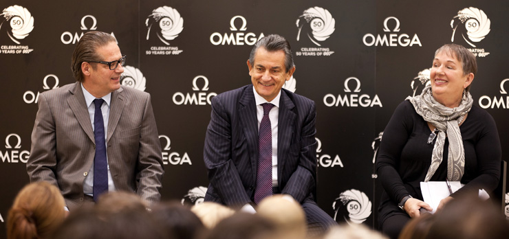 OMEGAs vice president and head of product development, Jean-Claude Monachon,OMEGA president Stephen Urquhart and Oscar-winning costume designer Lindy Hemming at the press conference