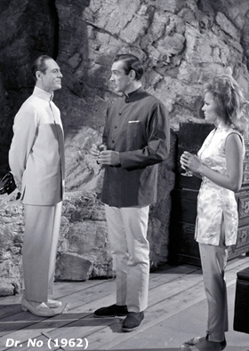 Joseph Wiseman as Doctor No, Sean Connery as James Bond and Ursula Andress as Honey Rider in Dr. No (1962)