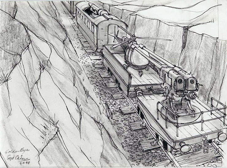 A signed original concept drawing by production designer Syd Cain, illustrating a scene from GoldenEye 