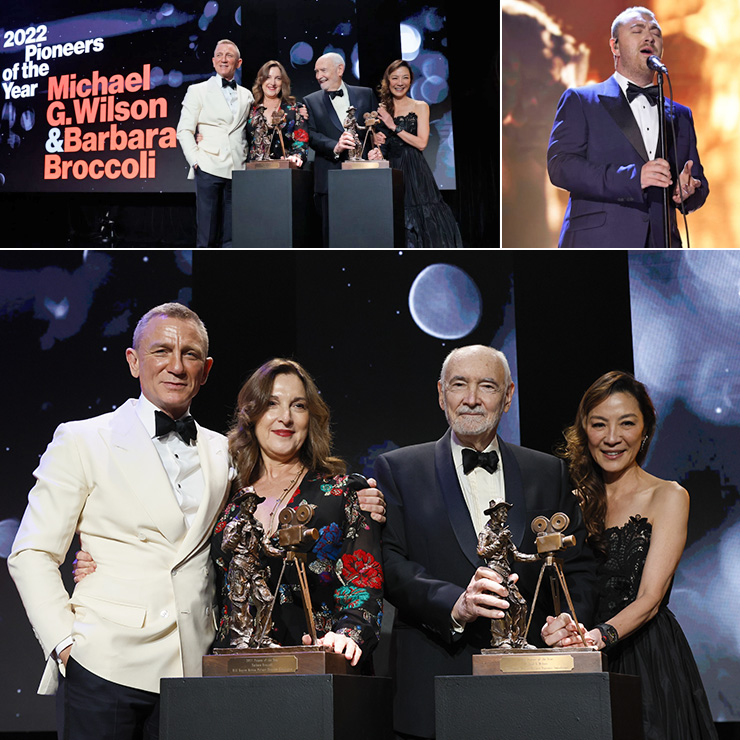 Michael G. Wilson and Barbara Broccoli were honoured as the Will Rogers Motion Picture Pioneers Foundation 2022 Pioneers of the Year. The acclaimed producers were presented the prestigious award by Daniel Craig and Michelle Yeoh at the Foundation’s Pioneer of the Year dinner | Sam Smith sings ‘Writing's on The Wall”