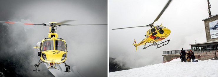 George Lazenby arrives by helcopter at Piz gloria