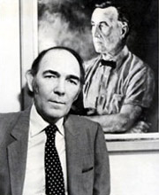 John Gardner in front of Amherst Villiers' portrait of Ian Fleming