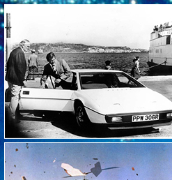 Desmond Llewelyn (Major Boothroyd 'Q') presents Roger Moore (James Bond) with his new Lotus Esprit 