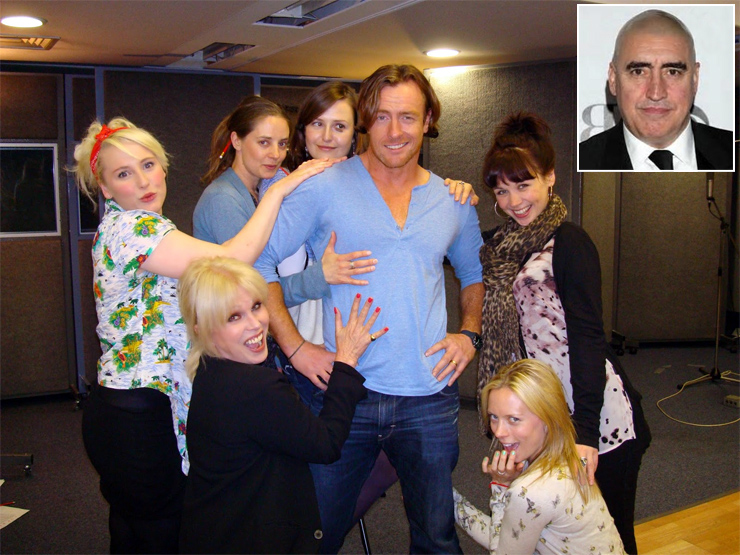 Actor Toby Stephens who plays James Bond in the Radio 4 adaptation of Ian Fleming's On Her Majesty's Secret Service surrounded by female cast members including Joanna Lumley (who plays Irma Bunt)
