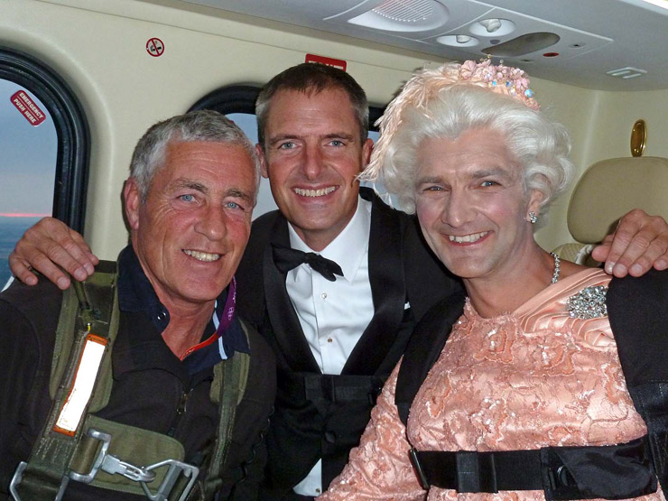 Gary Connery in costume as the Queen - with Mark Sutton as James Bond