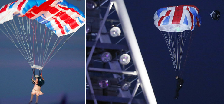 Mark Sutton and Gary Connery parachute into the Olympic stadium