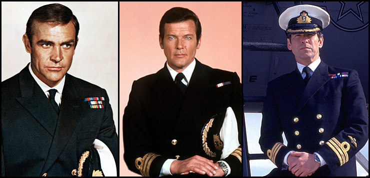 Sean Connery as Commander James Bond in You Only Live Twice (1967), Roger Moore as Commander James Bond in The Spy Who Loved Me (1977), and Pierce Brosnan as Commander James Bond in Tomorrow Never Dies (1997)