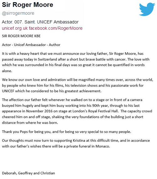 Announcement of Sir Roger Moore's death from his official Twitter account