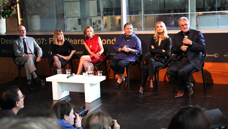 Neil McConnon (Barbican London), Meg Simmonds (EON Archive Director), Bronwyn Cosgrave (author and guest curator),  Lindy Hemming (007 costume designer and guest curator), Maryam d'Abo (Kara Milovy in The Living Daylights) and Jeroen Krabbé (Georgi Koskov in The Living Daylights).