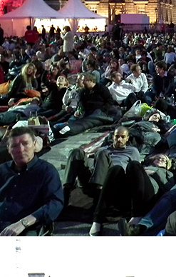 Crowds await the screening of Goldfinger