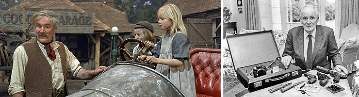 Desmond Llewelyn as Coggins in Chitty Chitty Bang Bang | Desmond at his Bexhill-on-Sea home with many gadgets from the James Bond films