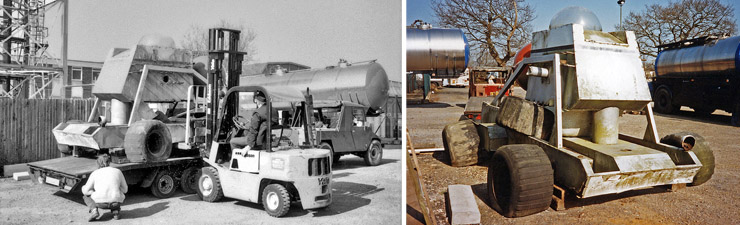 The Moon Buggy is transported to Pinewood Studios where it was stored before and after restoration