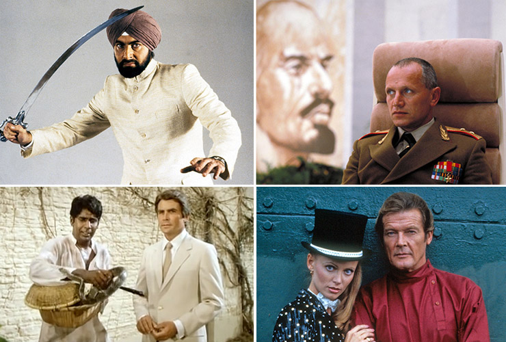 Kabir Bedi, Steven Berkoff, Vijay Amritraj with James Brolin and Kristina Wayborn with Roger Moore in Octopussy (1983)