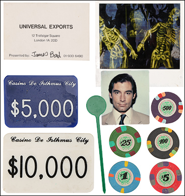 James Bonds passport photograph and business card, prop bank notes; chips, drinks coaster, plastic cocktail stick from the Casino de Isthmus City, prop Polaroid shot of Bond and Q taken by Pam Bouvier (Carey Lowell).