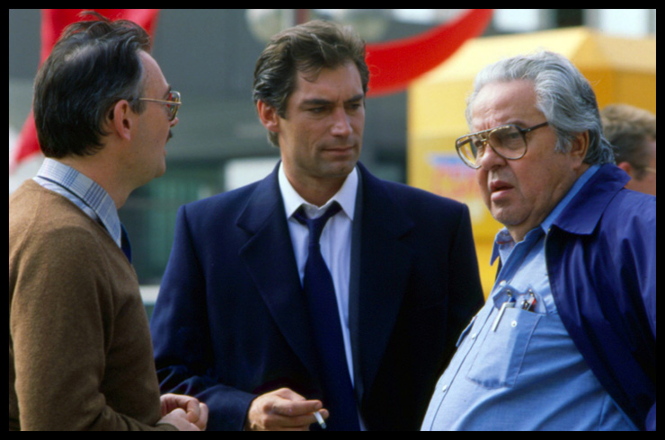 Timothy Dalton with Michael G. Wilson and Albert R. Broccoli on location in Vienna during the shooting of The Living Daylights