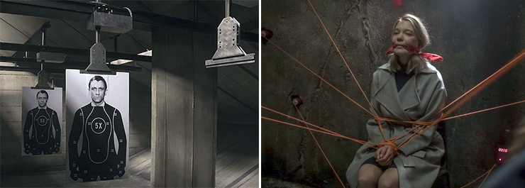 Spectre (2015) climax in the ruins of the MI6 building destroyed in Skyfall (2015) filmed at Pinewood Studios